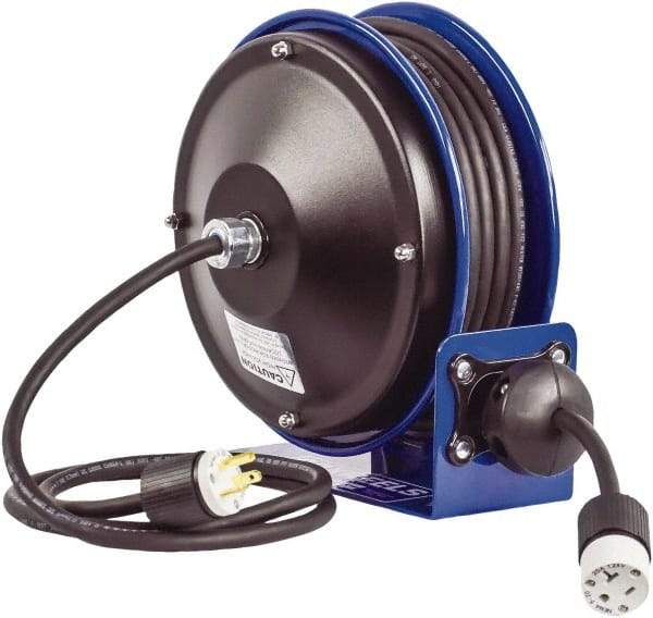 CoxReels - 12 AWG, 30' Cable Length, Cord & Cable Reel with Outlet End - 1 Outlet, NEMA 5-20R, 20 Amps, 115 Volts, SJO Cable, Blue Reel, Spring Driven Reel - Americas Industrial Supply
