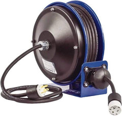 CoxReels - 16 AWG, 30' Cable Length, Cord & Cable Reel with Outlet End - 1 Outlet, NEMA 5-15R, 13 Amps, 115 Volts, SJO Cable, Blue Reel, Spring Driven Reel - Americas Industrial Supply