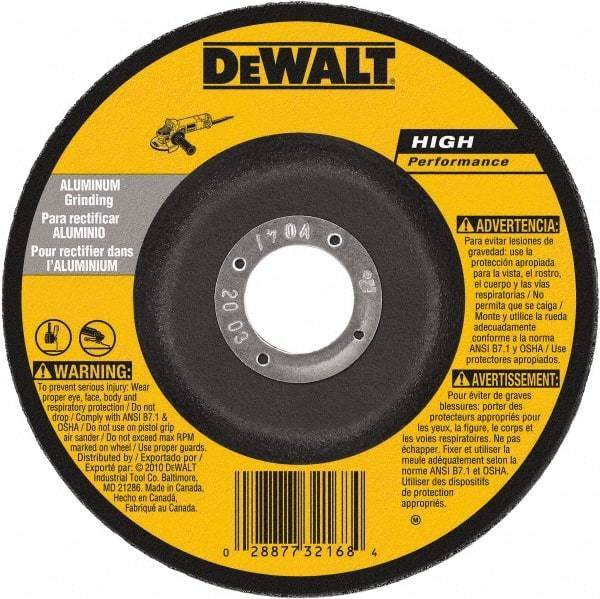 DeWALT - 30 Grit, 5" Wheel Diam, 1/4" Wheel Thickness, 7/8" Arbor Hole, Type 27 Depressed Center Wheel - Aluminum Oxide, 12,200 Max RPM, Compatible with Angle Grinder - Americas Industrial Supply