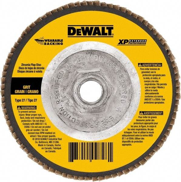 DeWALT - 60 Grit, 4-1/2" Disc Diam, 5/8-11 Center Hole, Type 27 Zirconia Alumina Flap Disc - 13,300 Max RPM, Cloth Backing, Arbor Attaching System, Coated - Americas Industrial Supply