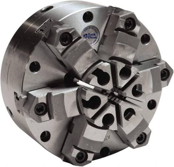 Buck Chuck Company - 6 Jaws, 12" Diam, Self Centering Manual Lathe Chuck - Plain Back Mount Spindle, Adjustable, Reversible, 1,100 Max RPM, 4-1/16" Through Hole Diam, Cast Iron - Americas Industrial Supply
