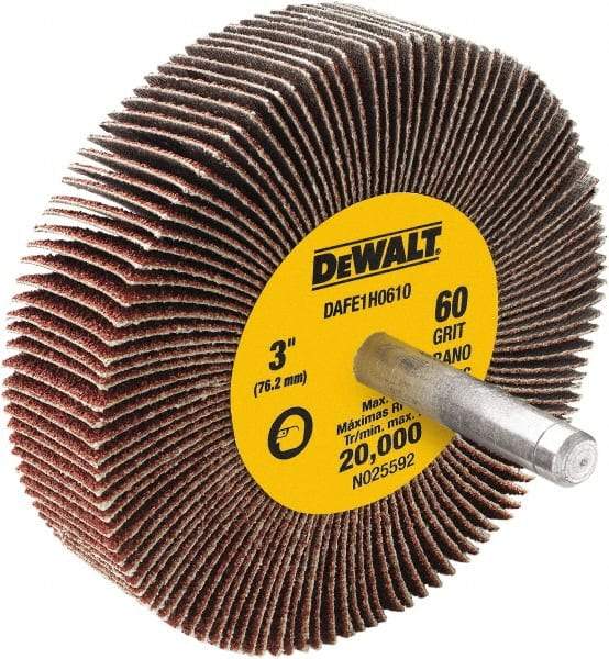 DeWALT - 3" Diam x 1" Face Width, Medium Aluminum Oxide Coated Mounted Flap Wheel - 1/4" Shank Mount, 60 Grit, Cloth Backing, 20,000 Max RPM - Americas Industrial Supply