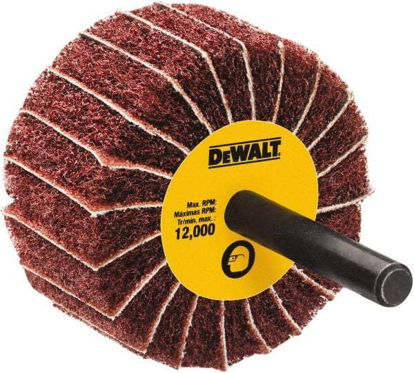 DeWALT - 2" Diam x 1" Face Width, Medium Aluminum Oxide Coated Mounted Flap Wheel - 1/4" Shank Mount, 60 Grit, Interleaf, Cloth Backing, 25,000 Max RPM - Americas Industrial Supply