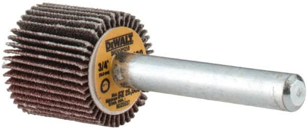 DeWALT - 3/4" Diam x 3/4" Face Width, Fine Aluminum Oxide Coated Mounted Flap Wheel - 1/4" Shank Mount, 120 Grit, Cloth Backing, 25,000 Max RPM - Americas Industrial Supply