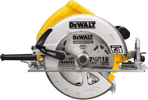 DeWALT - 15 Amps, 7-1/4" Blade Diam, 5,200 RPM, Electric Circular Saw - 120 Volts, 5/8" Arbor Hole, Right Blade - Americas Industrial Supply