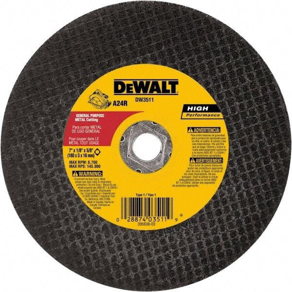 DeWALT - 7" 24 Grit Aluminum Oxide Cutoff Wheel - 1/8" Thick, 5/8" Arbor, 8,700 Max RPM, Use with Angle Grinders - Americas Industrial Supply