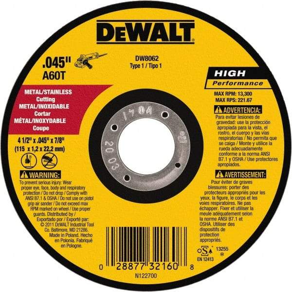 DeWALT - 4-1/2" 60 Grit Aluminum Oxide Cutoff Wheel - 0.045" Thick, 7/8" Arbor, 13,300 Max RPM, Use with Angle Grinders - Americas Industrial Supply