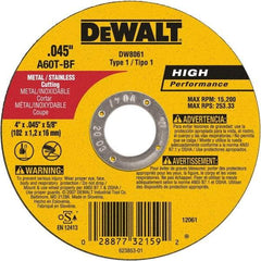 DeWALT - 4" 60 Grit Aluminum Oxide Cutoff Wheel - 0.045" Thick, 5/8" Arbor, 15,200 Max RPM, Use with Angle Grinders - Americas Industrial Supply