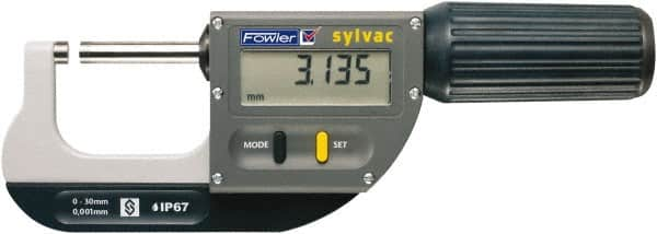 Fowler - 0 to 1.2" Range, 0.00005" Resolution, Standard Throat IP67 Electronic Outside Micrometer - 0.00012" Accuracy, Ratchet Stop Thimble, Carbide-Tipped Face, CR2032 Battery - Americas Industrial Supply