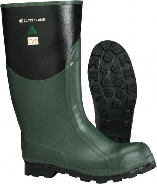 Viking - Men's Size 9 Medium Width Steel Knee Boot - Green, Black, Rubber Upper, Nitrile Rubber Outsole, 15" High, Non-Slip, Waterproof, Electric Shock Resistant - Americas Industrial Supply