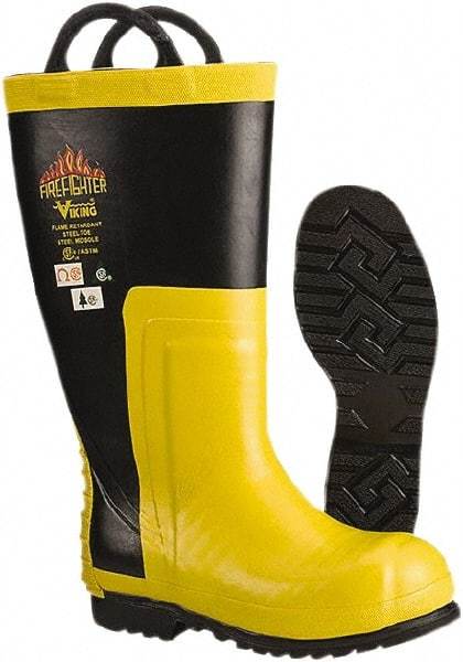 Viking - Men's Size 8 Medium Width Steel Work Boot - Black, Yellow, Rubber Upper, Nitrile Rubber Outsole, 14" High, Non-Slip, Chemical Resistant, Waterproof, Electric Shock Resistant - Americas Industrial Supply