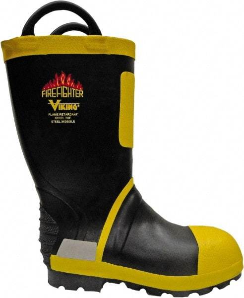 Viking - Men's Size 13 Medium Width Steel Work Boot - Black, Yellow, Rubber Upper, Nitrile Rubber Outsole, 14" High, Non-Slip, Waterproof - Americas Industrial Supply