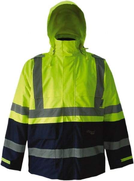 Viking - Size XL, High Visibility Lime & Navy, Rain, Wind Resistant Jacket - 47" Chest, 4 Pockets, Detachable Hood - Americas Industrial Supply