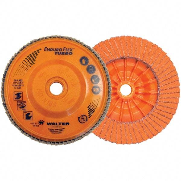 WALTER Surface Technologies - 36 & 60 Grit, 4-1/2" Disc Diam, 7/8" Center Hole, Type 27 Ceramic Flap Disc - 13,300 Max RPM, Plastic Backing, Arbor Attaching System, Coated - Americas Industrial Supply