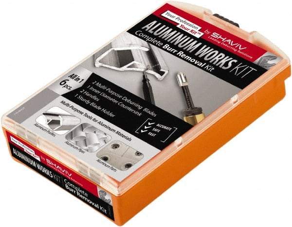 Shaviv - 6 Piece High Speed Steel Blade Hand Deburring Tool Set - F Blade Holder, F12, E200, E300 Blades, For Hole Edge, Corners - Americas Industrial Supply