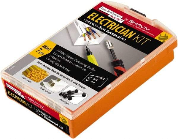 Shaviv - 7 Piece High Speed Steel Blade Hand Deburring Tool Set - F Blade Holder, F12, E100, E111, E400 Blades, For Hole Edge, Straight Edge, Corners, Hole Inner Surface - Americas Industrial Supply