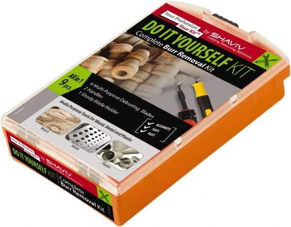 Shaviv - 9 Piece High Speed Steel Blade Hand Deburring Tool Set - B, E Blade Holder, E100, E111, E250, E400, B30, B20 Blades, For Hole Edge, Straight Edge, Corners, Hole Inner Surface - Americas Industrial Supply