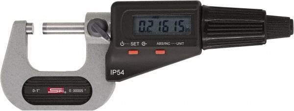 SPI - 7 to 8" Range, 0.00005" Resolution, Standard Throat IP54 Electronic Outside Micrometer - 0.00028" Accuracy, Friction Thimble, Carbide-Tipped Face, LR44 Battery, Includes NIST Traceable Certification of Inspection - Americas Industrial Supply