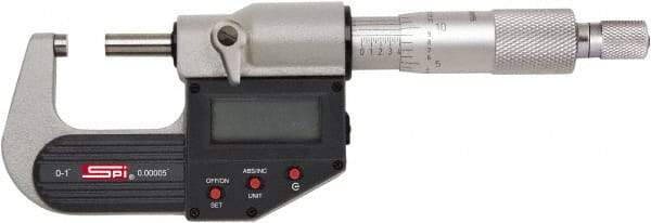 SPI - 6 to 7" Range, 0.00005" Resolution, Standard Throat IP65 Electronic Outside Micrometer - 0.0002" Accuracy, Ratchet Stop Thimble, Carbide-Tipped Face, LR44 Battery, Includes NIST Traceable Certification of Inspection - Americas Industrial Supply