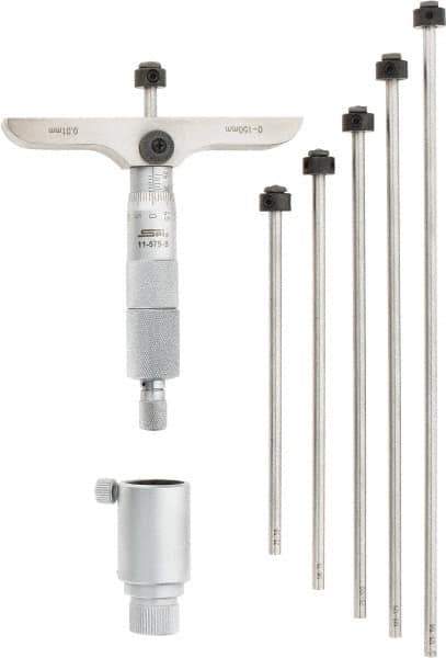 SPI - 0 to 150mm Range, 6 Rod, Mechanical Depth Micrometer - Ratchet Stop Thimble, 100mm Base Length, 0.01mm Graduation, 4.5mm Rod Diam - Americas Industrial Supply
