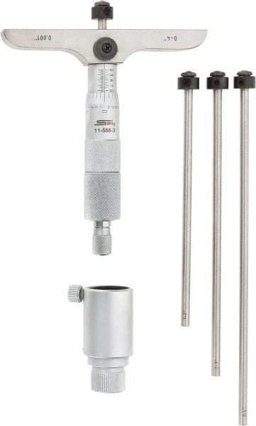 SPI - 0 to 4" Range, 4 Rod, Mechanical Depth Micrometer - Ratchet Stop Thimble, 4" Base Length, 0.001" Graduation, 4.5mm Rod Diam - Americas Industrial Supply