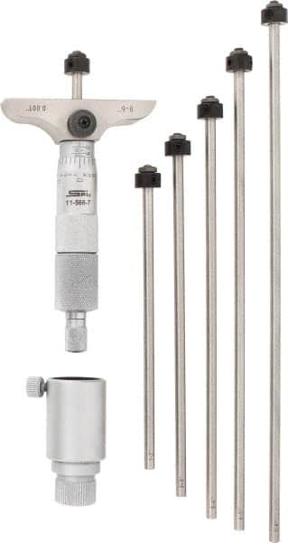 SPI - 0 to 6" Range, 6 Rod, Mechanical Depth Micrometer - Ratchet Stop Thimble, 2-1/2" Base Length, 0.001" Graduation, 4.5mm Rod Diam - Americas Industrial Supply