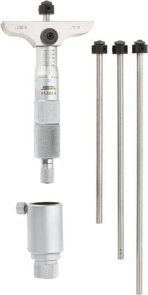 SPI - 0 to 4" Range, 4 Rod, Mechanical Depth Micrometer - Ratchet Stop Thimble, 2-1/2" Base Length, 0.001" Graduation, 4.5mm Rod Diam - Americas Industrial Supply