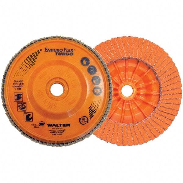 WALTER Surface Technologies - 36 & 60 Grit, 5" Disc Diam, 7/8" Center Hole, Type 27 Ceramic Flap Disc - 12,200 Max RPM, Plastic Backing, Arbor Attaching System, Coated - Americas Industrial Supply