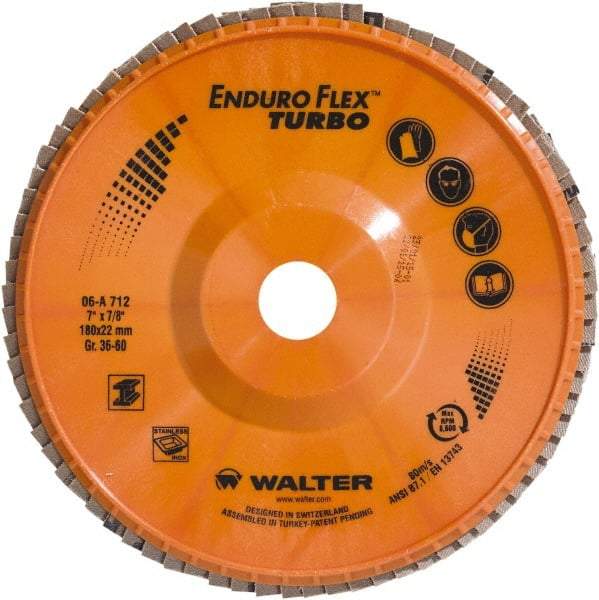 WALTER Surface Technologies - 36 & 60 Grit, 7" Disc Diam, 7/8" Center Hole, Type 27 Ceramic Flap Disc - 8,600 Max RPM, Plastic Backing, Arbor Attaching System, Coated - Americas Industrial Supply