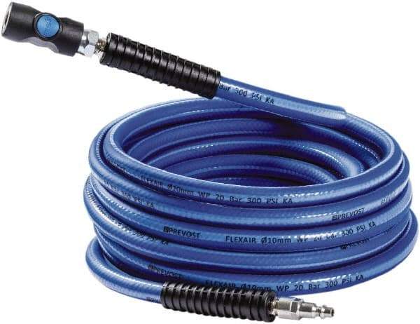 Prevost - 3/8" ID 50' Long Multipurpose Air Hose - Industrial Interchange Safety Coupler x Male Plug Ends, 300 Working psi, 5 to 140°F, 1/4" Fitting, Blue - Americas Industrial Supply