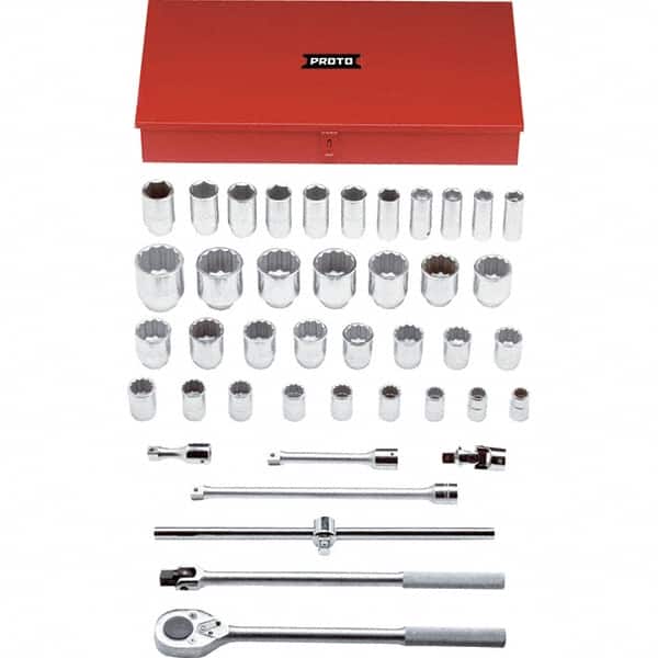 Proto - 42 Piece 3/4" Drive Chrome Finish Deep Well Socket Set - 6, 12 Points, 7/8" to 2-3/8" Range, Inch Measurement Standard - Americas Industrial Supply