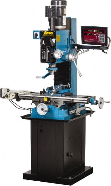 Enco - 1 Phase, 20" Swing, Geared Head Mill Drill Combination - 37-1/2" Table Length x 28" Table Width, 22" Longitudinal Travel, 8" Cross Travel, 6 Spindle Speeds, 2 hp, 220 Volts - Americas Industrial Supply