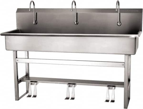 SANI-LAV - 57" Long x 16-1/2" Wide Inside, 1 Compartment, Grade 304 Stainless Steel (4) Person Wash-Station with Double Foot Valves - 16 Gauge, 60" Long x 20" Wide x 45" High Outside, 8" Deep - Americas Industrial Supply