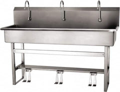 SANI-LAV - 57" Long x 16-1/2" Wide Inside, 1 Compartment, Grade 304 Stainless Steel (4) Person Wash-Station with Double Foot Valves - 16 Gauge, 60" Long x 20" Wide x 45" High Outside, 8" Deep - Americas Industrial Supply