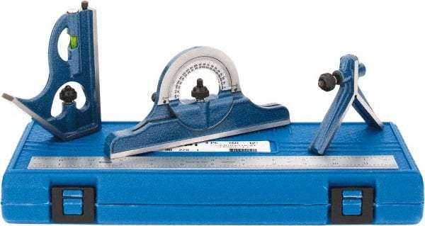 SPI - 4 Piece, 12" Combination Square Set - 1/100, 1/32, 1/50 & 1/64" (16R) Graduation, Hardened Steel Blade, Cast Iron Center, Protractor & Square Head - Americas Industrial Supply