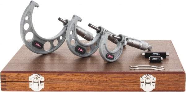SPI - 0 to 75mm Range, 3 Piece Mechanical Outside Micrometer Set - 0.01mm Graduation, 0.004, 0.005mm Accuracy, Ratchet Stop Thimble - Americas Industrial Supply