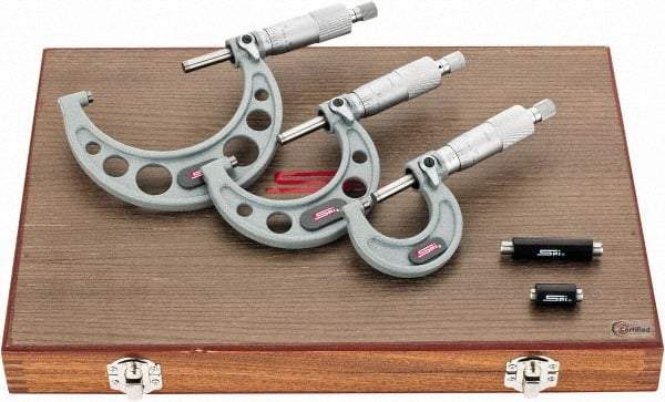 SPI - 0 to 3" Range, 3 Piece Mechanical Outside Micrometer Set - 0.0001" Graduation, 0.0001, 0.0002" Accuracy, Ratchet Stop Thimble - Americas Industrial Supply