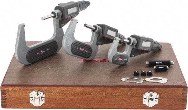 SPI - 0 to 3" Range, 0.001mm Resolution, IP54, 3 Piece Electronic Outside Micrometer Sets - 0.002, 0.003mm Accuracy, Friction Thimble, Carbide Tipped Measuring Face - Americas Industrial Supply