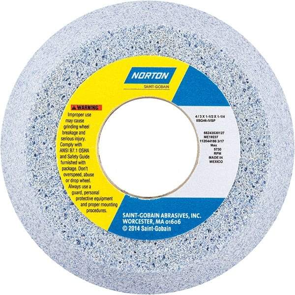 Norton - 4" Diam x 1-1/4" Hole x 1-1/2" Thick, I Hardness, 46 Grit Surface Grinding Wheel - Ceramic, Type 11, Coarse Grade, 5,730 Max RPM - Americas Industrial Supply