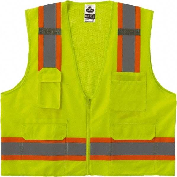 Ergodyne - Size L/XL High Visibility Lime Mesh/Solid Surveyor's Vest - 44 to 52" Chest, ANSI/ISEA 107, Zipper Closure, 6 Pockets, Polyester - Americas Industrial Supply