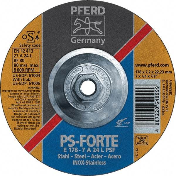 PFERD - 46 Grit, 7" Wheel Diam, 1/4" Wheel Thickness, Type 27 Depressed Center Wheel - Aluminum Oxide - Americas Industrial Supply