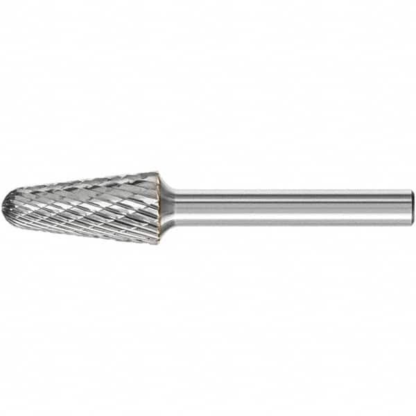 PFERD - 1/2" Cut Diam, 1/4" Shank Diam, Taper Head Double Cut Burr - Carbide, Radius End, 1-1/8" LOC, 3.16" OAL - Americas Industrial Supply