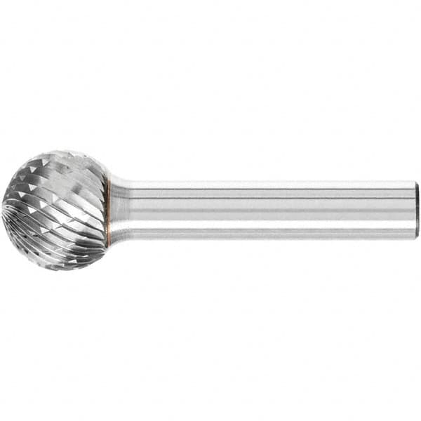 PFERD - 5/8" Cut Diam, 1/4" Shank Diam, Ball Head Double Cut Burr - Carbide, Radius End, 9/16" LOC, 2-5/16" OAL - Americas Industrial Supply