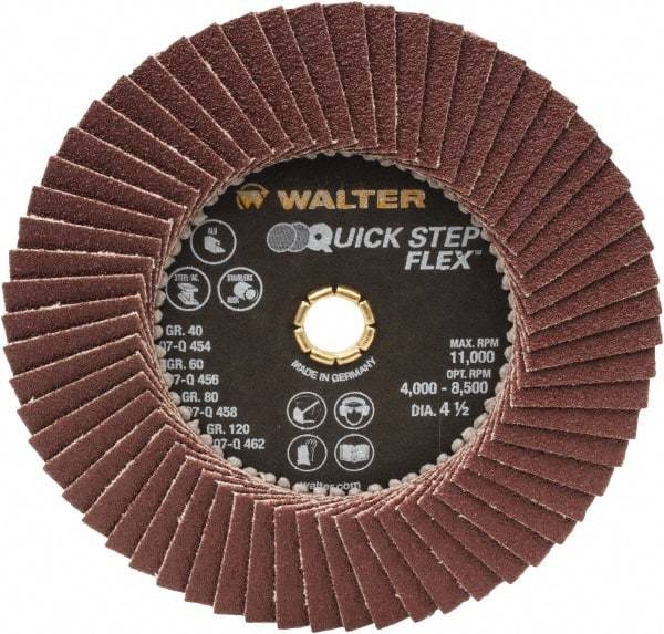 WALTER Surface Technologies - 80 Grit, 4-1/2" Disc Diam, Type 29 Aluminum Oxide Flap Disc - 11,000 Max RPM, Fiber Backing, Arbor Attaching System, Coated - Americas Industrial Supply