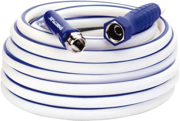 Legacy - 50' Long Marine/RV Hose - 5/8" Diam, 3/4" GHT, Hi-Tec Polymer, 150 psi, All Season, White with Blue Stripe - Americas Industrial Supply