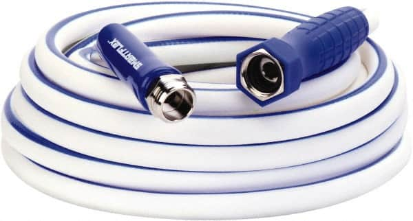 Legacy - 25' Long Marine/RV Hose - 5/8" Diam, 3/4" GHT, Hi-Tec Polymer, 150 psi, All Season, White with Blue Stripe - Americas Industrial Supply