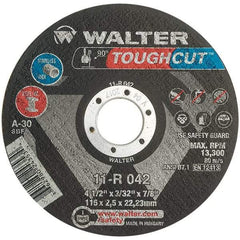 WALTER Surface Technologies - 4-1/2" 30 Grit Aluminum Oxide Cutoff Wheel - 3/32" Thick, 7/8" Arbor, 13,300 Max RPM, Use with Angle Grinders - Americas Industrial Supply
