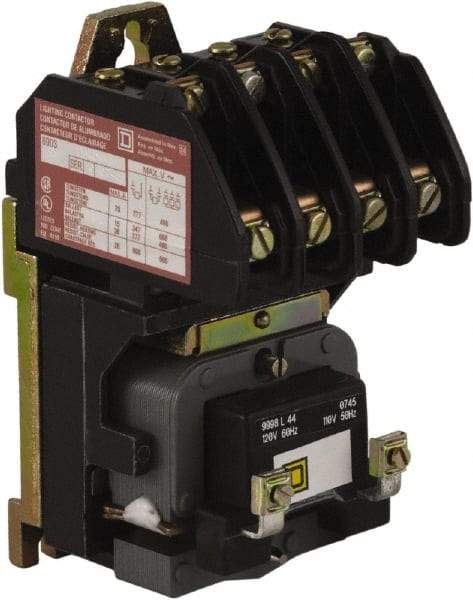 Square D - No Enclosure, 4 Pole, Electrically Held Lighting Contactor - 20 A (Tungsten), 30 A (Fluorescent), 110 VAC at 50 Hz, 120 VAC at 60 Hz, 4NO Contact Configuration - Americas Industrial Supply