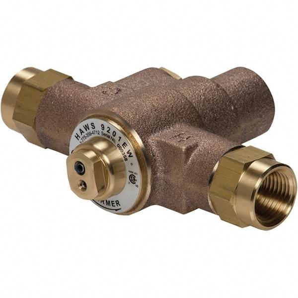 Haws - 1/2" Inlet, 2-5/8" Long x 6-1/8" Wide x 5-1/4" High, Brass Plumbed Wash Station Tempering Valve - Compatible with Combination Drench Shower & Eye/Face Wash Stations - Americas Industrial Supply