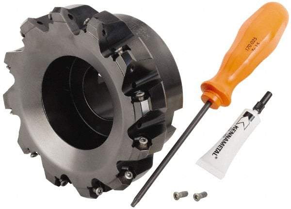 Kennametal - 5" Cut Diam, 1-1/2" Arbor Hole, 4.45mm Max Depth of Cut, 30° Indexable Chamfer & Angle Face Mill - 12 Inserts, HNGJ 0604... Insert, Right Hand Cut, 12 Flutes, Through Coolant, Series Dodeka Mini HD - Americas Industrial Supply